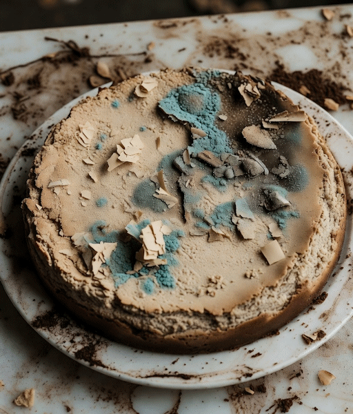 A rotten-looking cheesecake, with blue-green mould on top, on a filthy plate