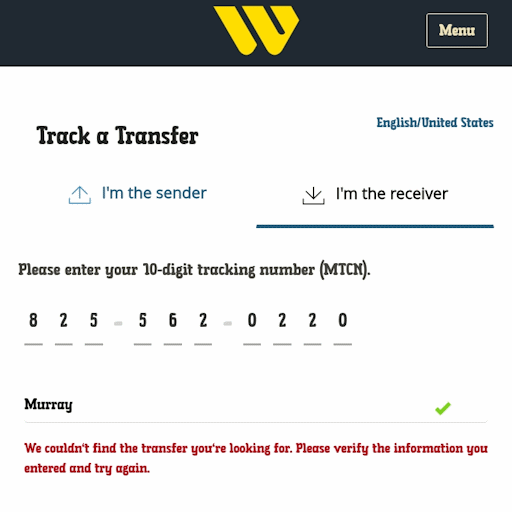 A screenshot from the Western Union website, showing that a reference number that has been entered is invalid