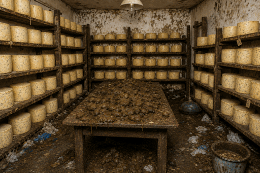 A dark, dirty room, with shelves of ripening cheeses on the walls; in the centre of the room is a table with a pile of dog faeces on it