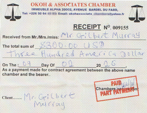 A forged receipt from the bogus lawyer