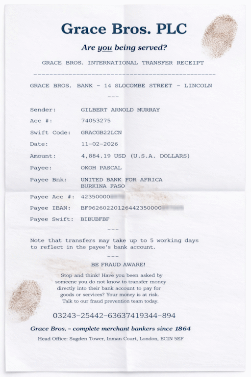 A forged receipt, supposedly from Grace Bros. PLC Bank