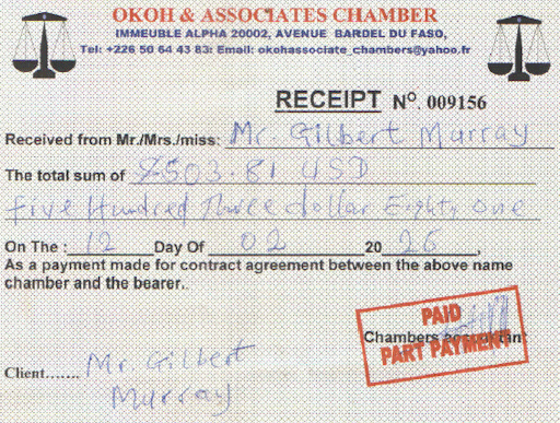 A second forged receipt from the bogus lawyer