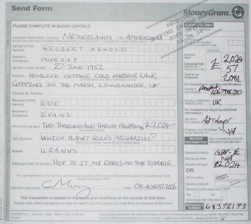 A forged MoneyGram receipt