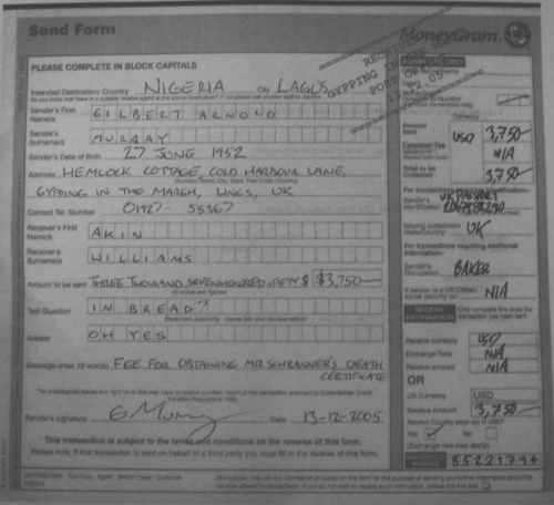 A forged MoneyGram receipt