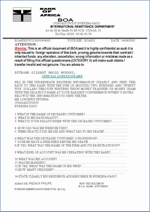 A forged bank questionnaire