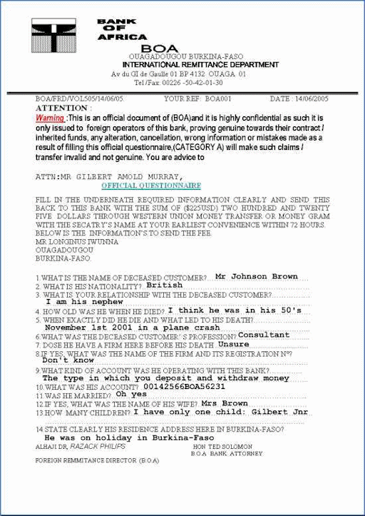 A completed forged bank questionnaire