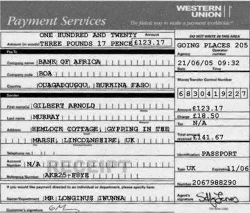 A forged Western Union receipt