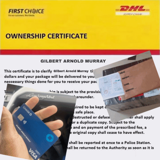 A forged DHL ownership document, with a picture of a credit card and a picture of a package overlaying it