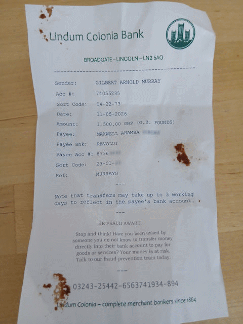 A forged receipt, supposedly from Gilbert's bank