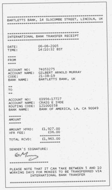 A forged bank transfer receipt