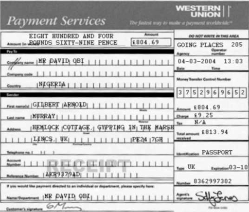 A forged Western Union receipt