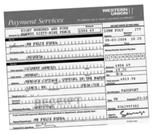 A forged Western Union receipt