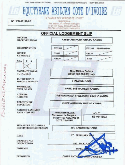A forged bank lodgement slip
