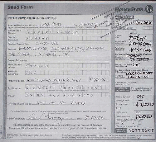 A forged MoneyGram receipt