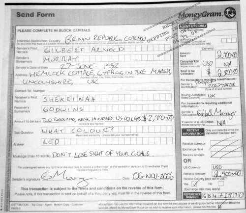 A forged MoneyGram receipt