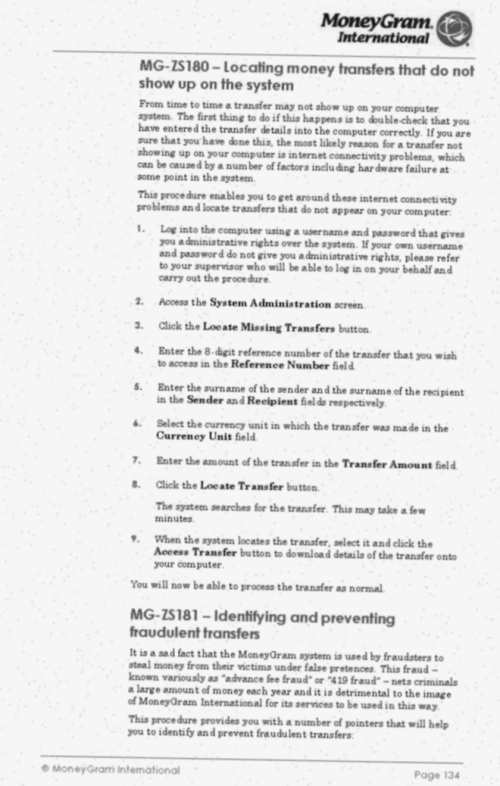 A forged page, supposedly taken from the MoneyGram procedures handbook