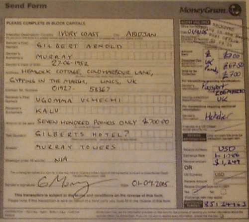 A forged MoneyGram receipt