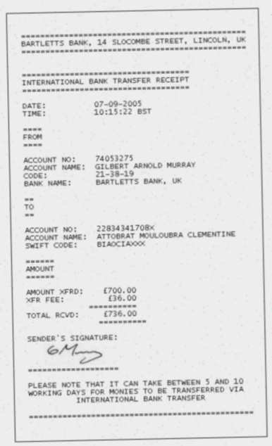 A forged bank transfer receipt