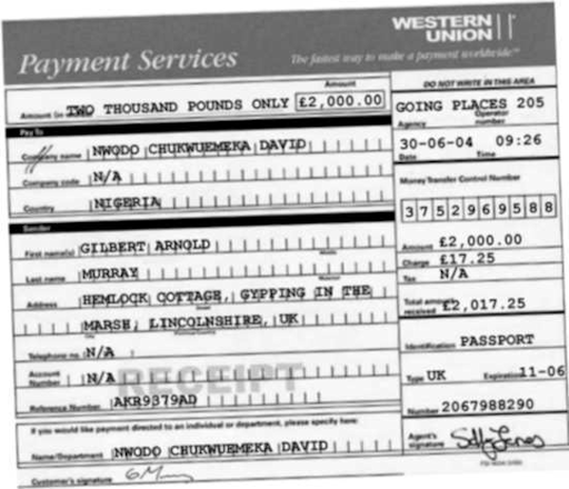 A forged Western Union receipt