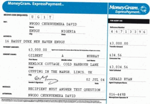 A forged MoneyGram receipt