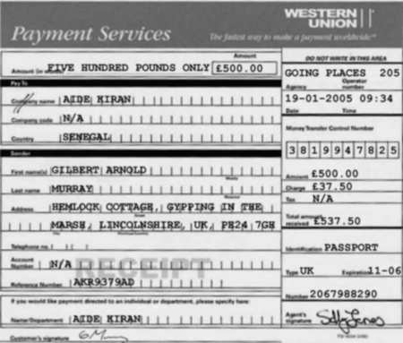 A forged Western Union receipt