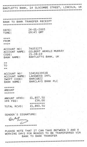 A forged bank receipt
