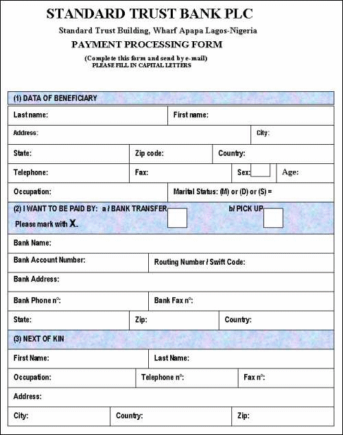 A forged payment processing form from a bank