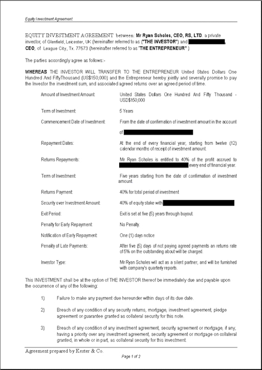 Page 1 of a forged lawyer's agreement
