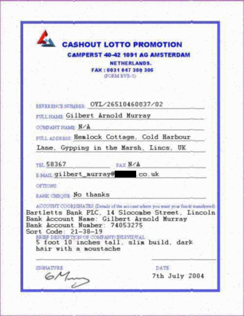 A completed forged lottery form