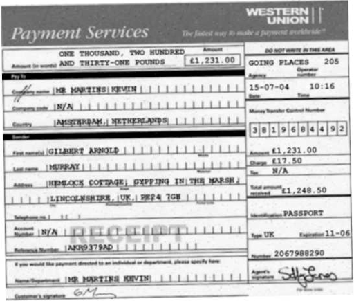 A forged Western Union receipt