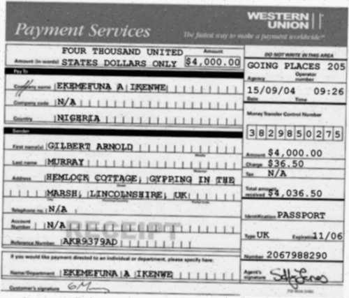 A forged Western Union receipt