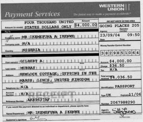 A forged Western Union receipt