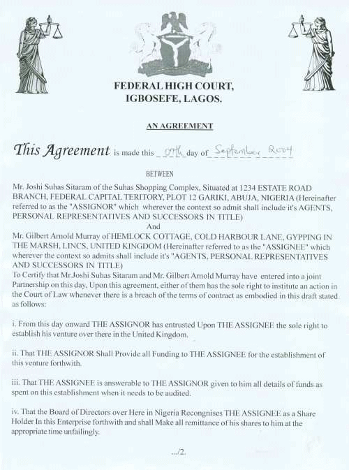 The first page of a forged partnership agreement