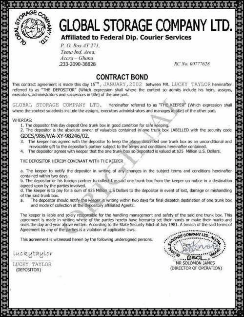 A forged contract from a bogus security company