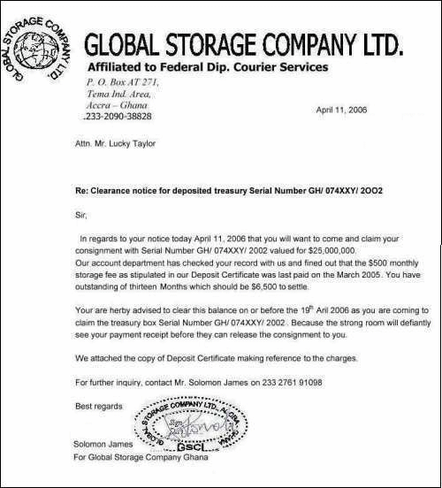 A forged clearance notice from a bogus security company