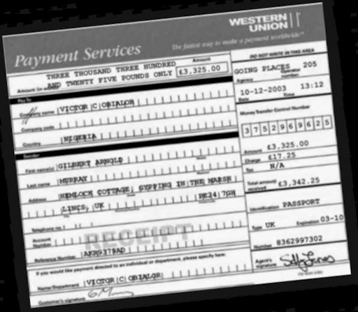 A forged Western Union receipt