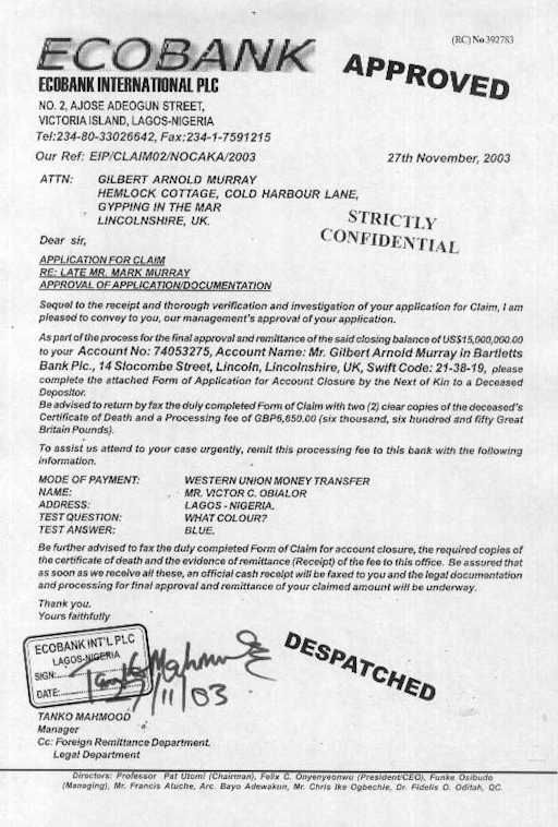 A bank approval letter