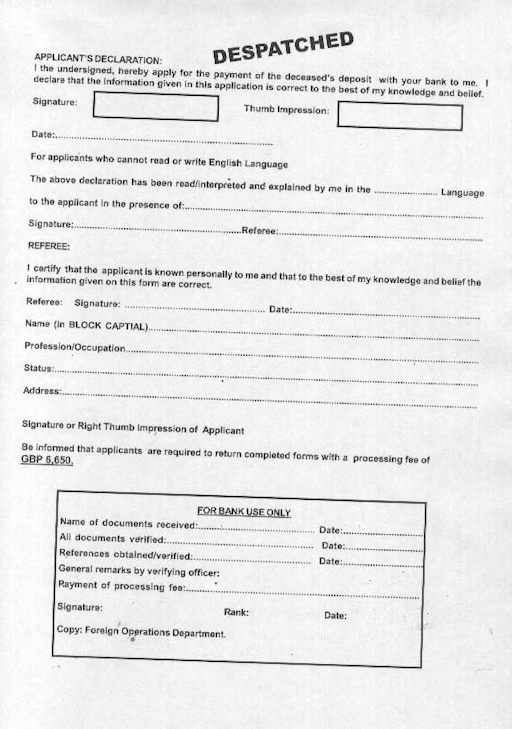 Page 2 of a forged account closure application document