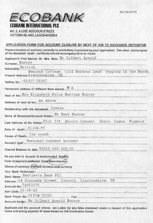 Page 1 of a completed forged account closure application document