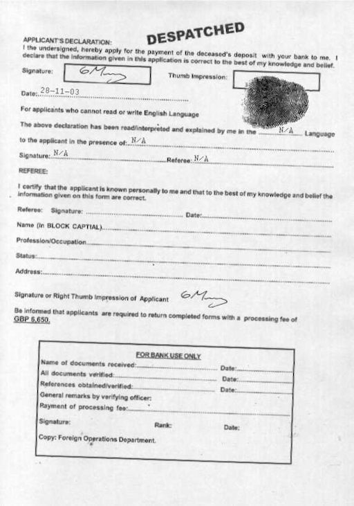 Page 2 of a completed forged account closure application document