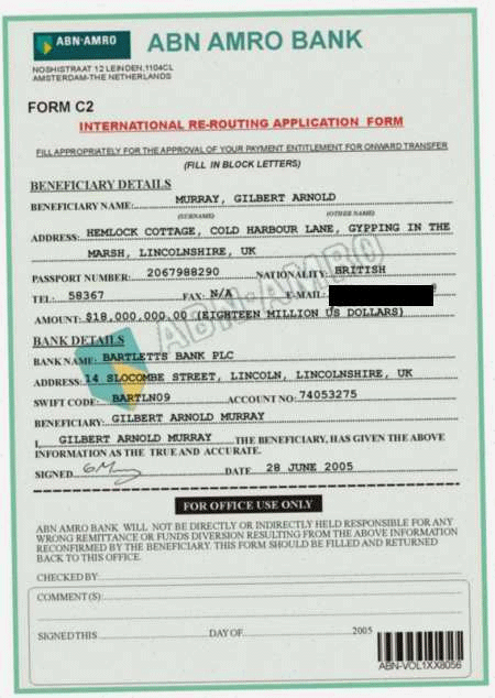 A completed forged international re-routing application form