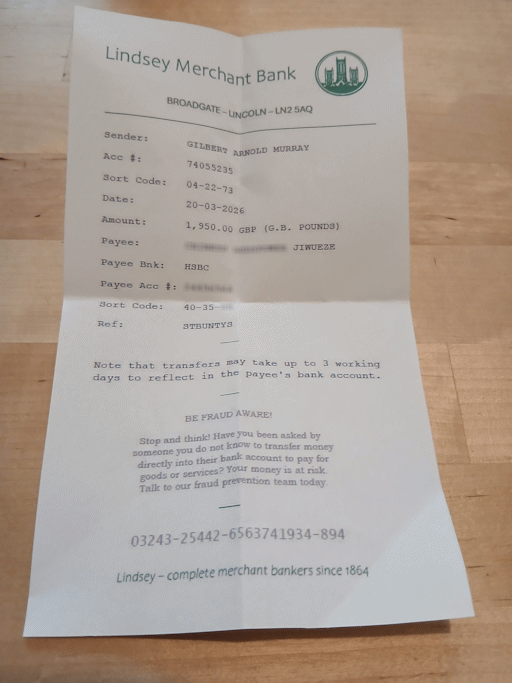 A forged bank transfer receipt, supposedly from Lindsey Merchant Bank