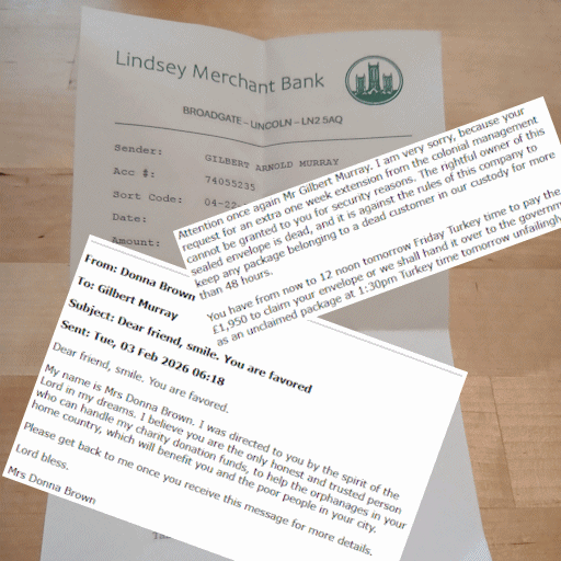 A forged bank transfer receipt, with excerpts from two emails overlaying it