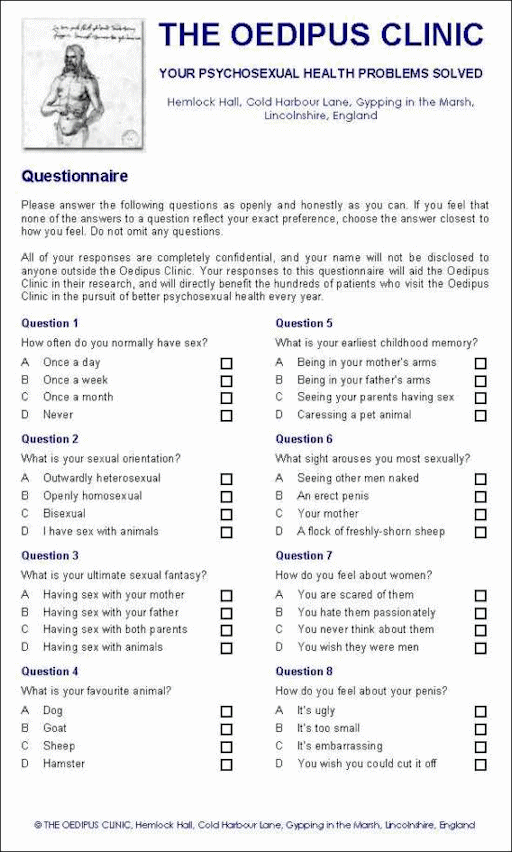 A questionnaire from the Oedipus Clinic, containing a set of ridiculous questions related to sexual preferences