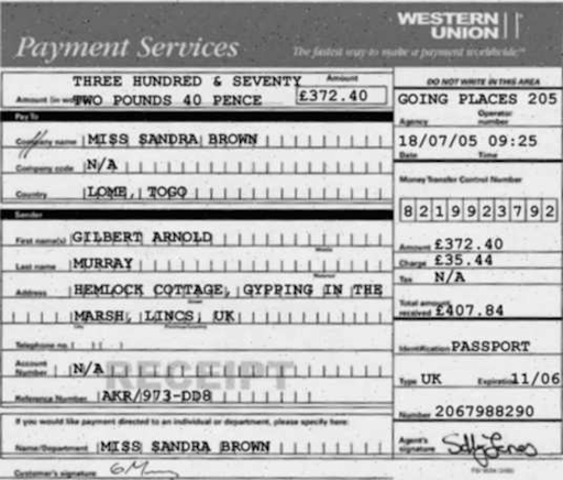 A forged Western Union receipt