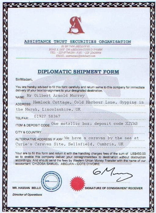 A completed forged diplomatic shipment form