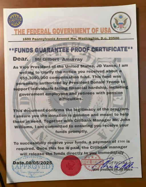 A forged document claiming to be signed by the U.S. Vice-President, confirming the validity of the financial transaction