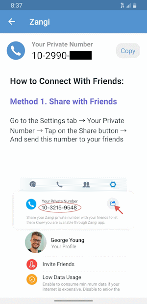 A screenshot of someone's Zangi app number