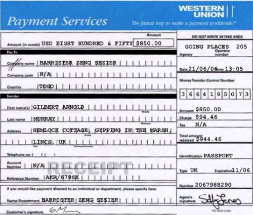 Gilbert's forged Western Union receipt