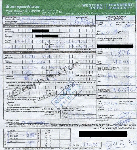 A real Western Union receipt